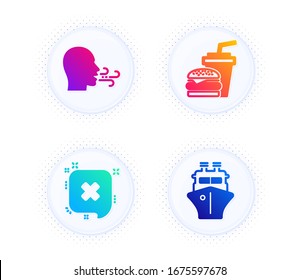 Hamburger, Reject and Breathing exercise icons simple set. Button with halftone dots. Ship sign. Burger with drink, Delete message, Breath. Shipping watercraft. Business set. Vector