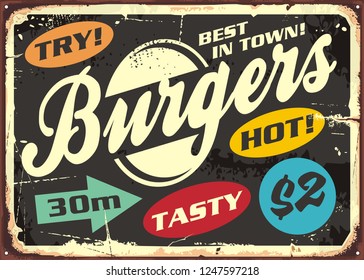 Hamburger retro labels set on old metal sign post. Burgers menu vintage poster design. Vector illustration for fast food restaurant.