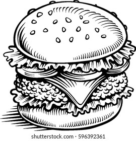 hamburger with salad and meat - hand drawing