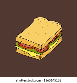 Hamburger, sandwich. Bread with a cutlet, cheese, lettuce and tomato.Color hand drawn vector illustration isolated on brown background. American Street fast food.doodles or cartoon style. 

