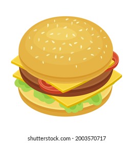 Hamburger as Sandwich with Cooked Patty Inside Sliced Bun Isometric Vector Illustration
