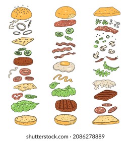 Hamburger and sandwich ingredient constructor for DIY burger. Cheeseburger and sandwich parts or ingredient slices towering layers. Cartoon style bright vector food elements to make hamburger.