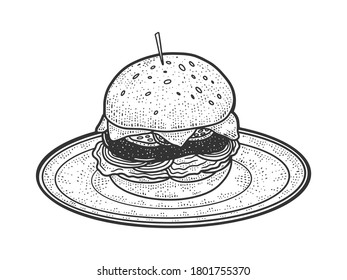 Hamburger sandwich sketch engraving vector illustration. T-shirt apparel print design. Scratch board imitation. Black and white hand drawn image.