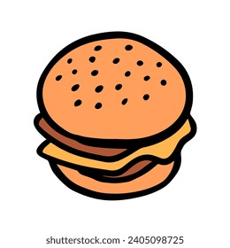 Sándwich de hamburguesa. Aperitivos en una cafetería. Bollería de pan. Ilustración del vector aislada en fondo blanco