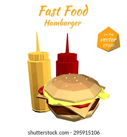 Hamburger and the sauce: mustard, ketchup Isolated on white background in low-polygonal style. Grunge. Design price list of your bistro. Fast food. Vector illustration.