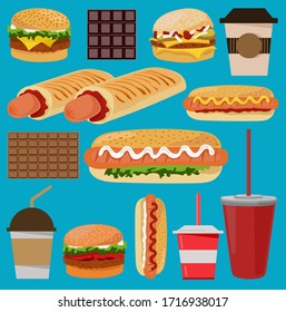 Hamburger, sausage roll, cheeseburger, chocolate, fizzy drink and coffee in cups. The concept of fast food, fast food. A set of many icons with images of products. Vector drawing.