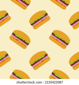 Hamburger seamless patten flat design vector illustration. Fast food hand drawn seamless pattern background