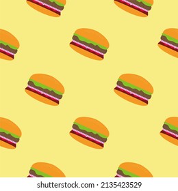 Hamburger seamless patten flat design vector illustration. Fast food hand drawn seamless pattern background