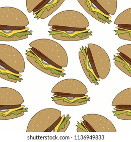 Hamburger seamless pattern. Classic Burger Pattern. Cheeseburger pattern.