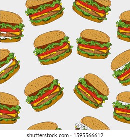 Hamburger seamless pattern. Classic Burger Pattern. Cheeseburger pattern.