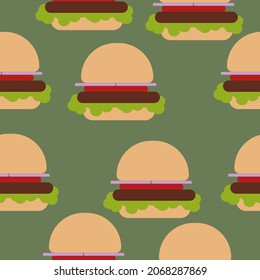 Hamburger seamless pattern, fast food on a dark green background vector illustration