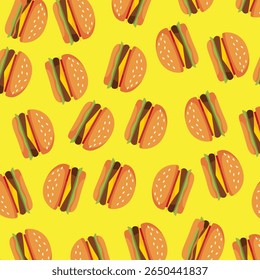 Hambúrguer padrão sem emenda. Fundo de fast food. Simples rabiscar, papel de parede desenhado à mão.