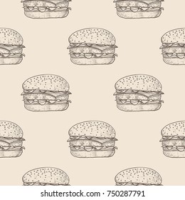 Hamburger. Seamless pattern. Hand drawn sketch on beige background. Vector illustration