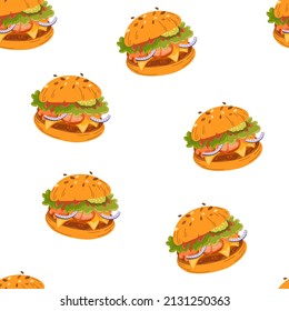 Hamburger seamless pattern. Meat background. Perfect for printing, cafe, menus and restaurants, textiles, gift wrapping paper. Hand drawn vector illustration