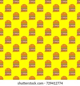 Hamburger seamless pattern on yellow background.Fast food seamless vector pattern.Cheeseburger junk food pattern.