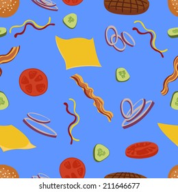 Hamburger seamless vector pattern. Burgers and ingredients for cheeseburger seamless background. Pattern with burgers on blue background.