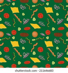 Hamburger seamless vector pattern. Burgers and ingredients for cheeseburger seamless background. Pattern with burgers on green background.