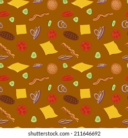 Hamburger seamless vector pattern. Burgers and ingredients for cheeseburger seamless background.