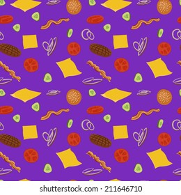 Hamburger seamless vector pattern. Burgers and ingredients for cheeseburger seamless background. Pattern with burgers on purple background