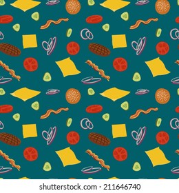 Hamburger seamless vector pattern. Burgers and ingredients for cheeseburger seamless background. Pattern with burgers on blue background.