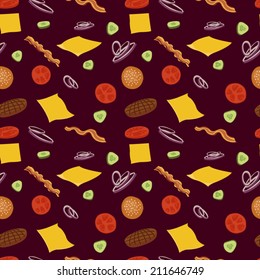 Hamburger seamless vector pattern. Burgers and ingredients for cheeseburger seamless background. Pattern with burgers on brown background.