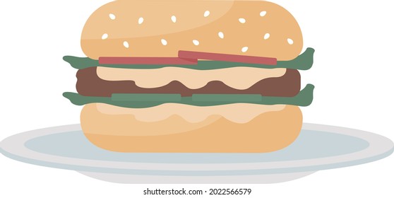 Hamburger semi flat color vector object. Full sized item on white. Summer party with burger bar. Fast food. Cheeseburger isolated modern cartoon style illustration for graphic design and animation