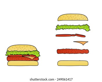 hamburger and separated ingredients on white background, isolated