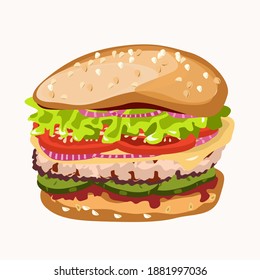 Hamburger with sesame and cheese and tomatoes. Isolated image on a white background