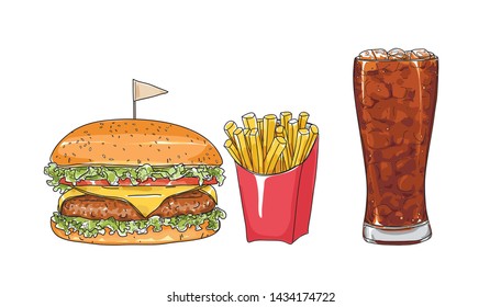 hamburger set. glasses  hand drawn style art Vector illustration