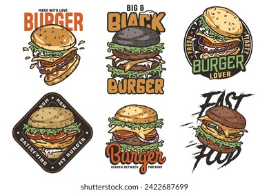 Hamburger Set Vektor für das Logo von Fast Food. Amerikanische Küche oder Hamburger Sammlung für Restaurant oder Café.