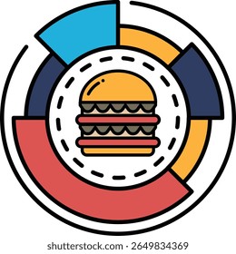 Um hambúrguer é mostrado em um círculo com um fundo vermelho, amarelo e azul. O hambúrguer é o foco principal da imagem, e é uma refeição deliciosa e apetitosa