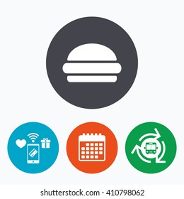 Hamburger sign icon. Fast food symbol. Junk food. Mobile payments, calendar and wifi icons. Bus shuttle.