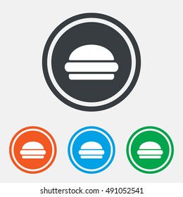 Hamburger sign icon. Fast food symbol. Junk food. Graphic design web element. Flat hamburger symbol on the round button. Vector