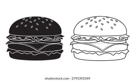 hamburger silhouette with line art vector icons and garnish
