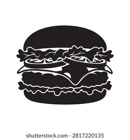 Hamburger silhouette, representing fast food and casual dining. Features layers of bun, patty, cheese, lettuce, and tomato. Ideal for food-related graphics, menus, and illustrations. Unhealthy eating, quick meal, junk food, delicious, tasty. Vector graphic.