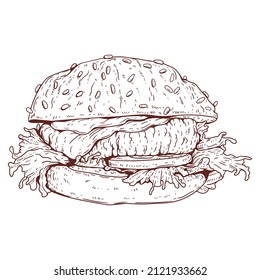 A hamburger, sketch drawn vector. Contour illustration of delicious burger with meat and vegetables. Street food cafe logo, signboard, menu decoration, ad banner design element.