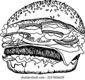 Hamburger sketch engraving illustration. Black and white burger hand drawn image.