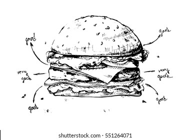 Hamburger. Sketch isolated on white background. Vector illustration.