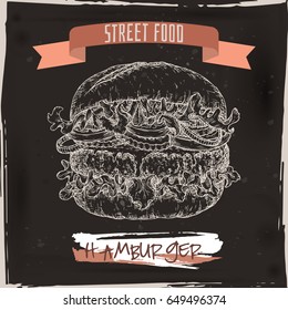Hamburger sketch on grunge black background. American cuisine. Street food series. Great for market, restaurant, cafe, food label design.