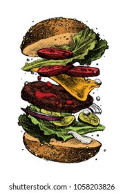 	
Hamburger in sketch style. Classic american burger isolated on a white background. Hand drawn vector illustrations. 