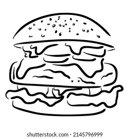 hamburger sketch in vintage black line illustration style for restaurant cafe menu