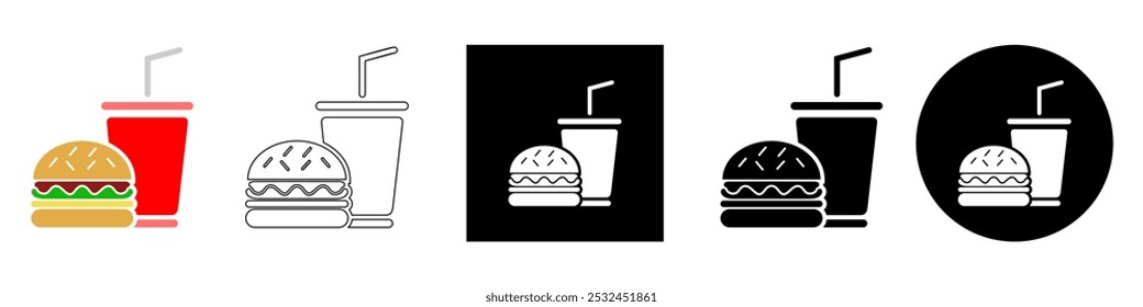 Hamburguesa y refresco, hamburguesa y refresco, comida rápida comida chatarra menú Vector pictograma signo símbolo diseño UI y UX, glifos y línea de trazo