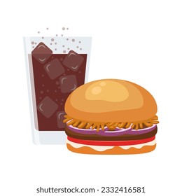 Hamburger und Soda, kaltes Getränk oder Kaffee. Vektorgrafik