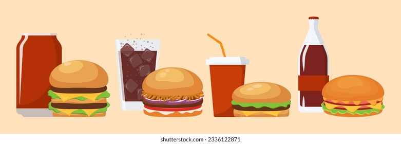 Hamburger und Soda, kaltes Getränk oder Kaffee. Vektorgrafik-Set