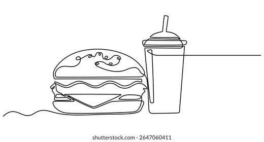 hamburger and soda continuous one line drawing, Fast food continuous one line drawing illustration, Fast Food Chain Continuous Line Editable Stroke Icon, One line drawing of hamburger and soda or cola