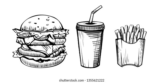 Hamburger, soda drink and french fries hand drawn in sketch style. restaurant or cafe vector elements.