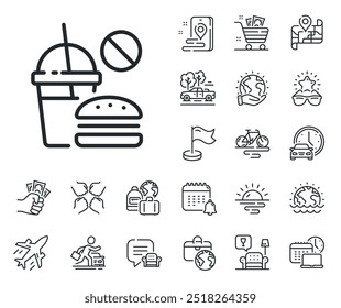 Hamburguesa con signo de bebida gaseosa. Avión jet, mapa de viaje e íconos del contorno del Reclamo de equipaje. Icono de línea de comida rápida. Símbolo de hamburguesa insalubre. Señal de línea de comida rápida. Alquiler de coches, icono de transporte de taxi. Vector