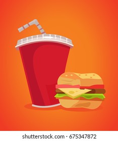 Hamburger and soda fast food. Vector flat cartoon illustration