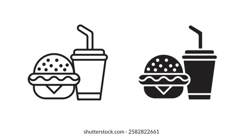 Hamburger soda filled and outlined icons vectors on white background