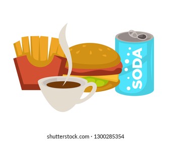 Hamburger and soda french fries and coffee vector fast food meals and drinks burger and fried potato sweet and energetic beverages can and cup cheeseburger junk unhealthy dishes high calories contain.